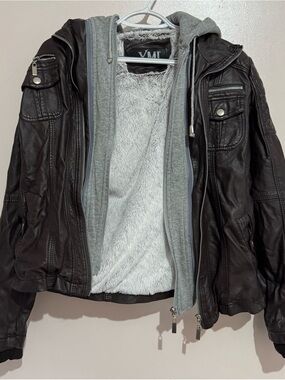 Ymi women's Chocolate Brown Faux Leather Hooded Jacket with Gray Fur Liner